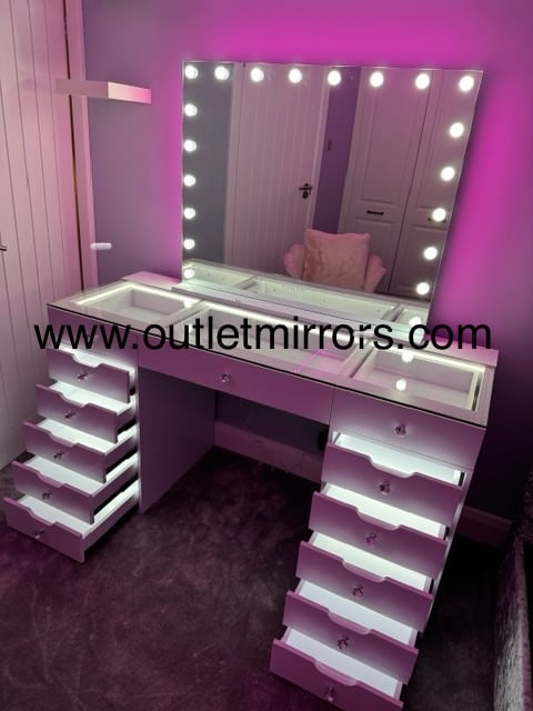 #* 13 Draw Eva Pro Dressing Hollywood Vanity Table &  20 bulb Hollywood Mirror with RGB Multi colours 100cm x 80cm in stock