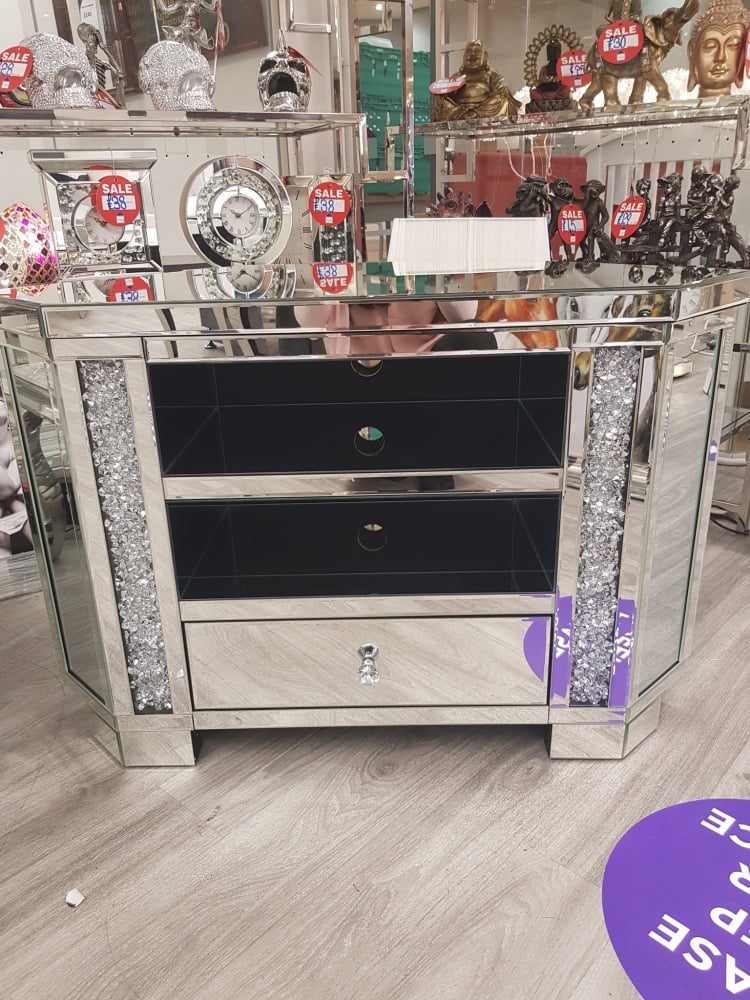 # Diamond Crush Crystal Sparkle Mirrored Corner TV Entertainment Unit in stock