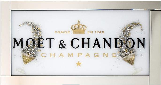 ** Moet Champagne White and Gold Glitter 3d Champagne Glasses Art in a Mirrored Frame ** 114cm x 65cm 