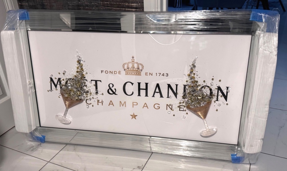 ** Moet Champagne White and Gold Glitter 3d Champagne Glasses Art in a Mirrored Frame ** 114cm x 65cm 