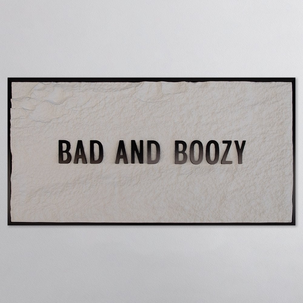 BAD & BOOZY - BLACK 3D TEXT ON ALABASTER