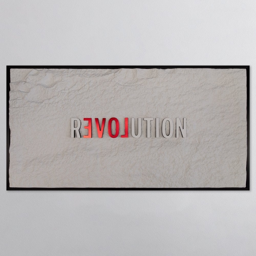 REVOLUTION - WHITE & RED 3D TEXT ON ALABASTER