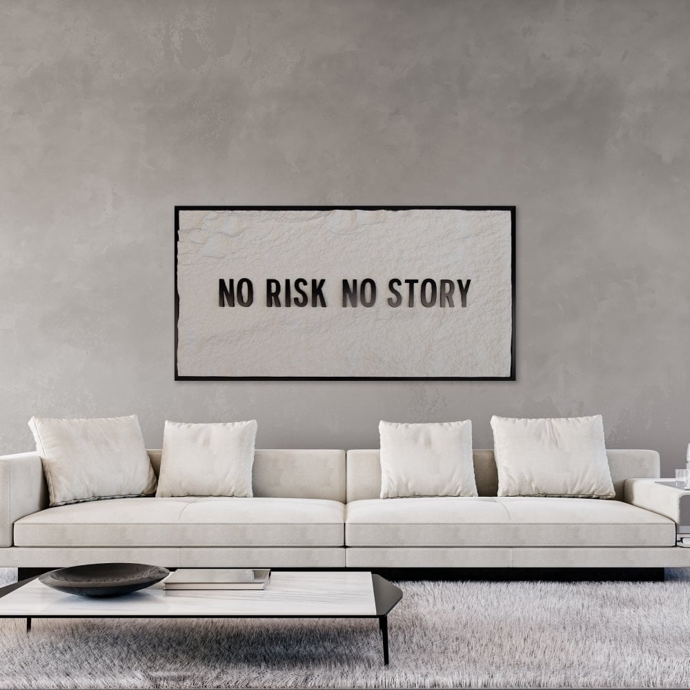 NO RISK NO STORY - BLACK 3D TEXT ON ALABASTER