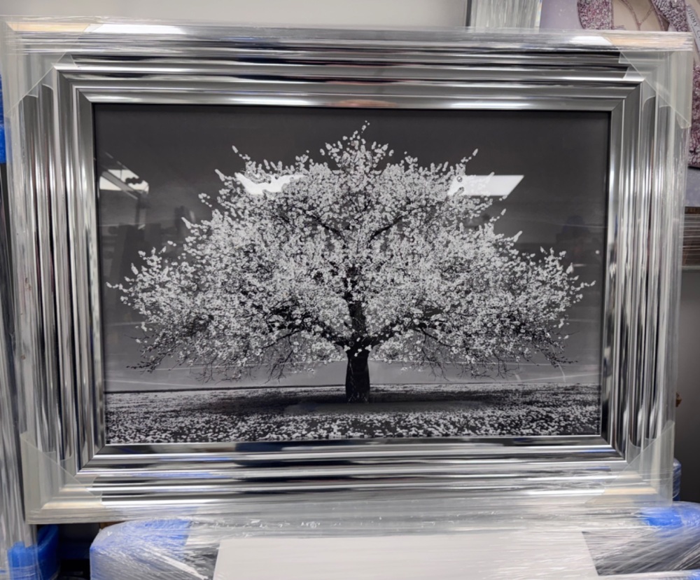 "Glitter Sparkle Blossom Tree White" in a silver Stepped Frame 75cm x  55cm