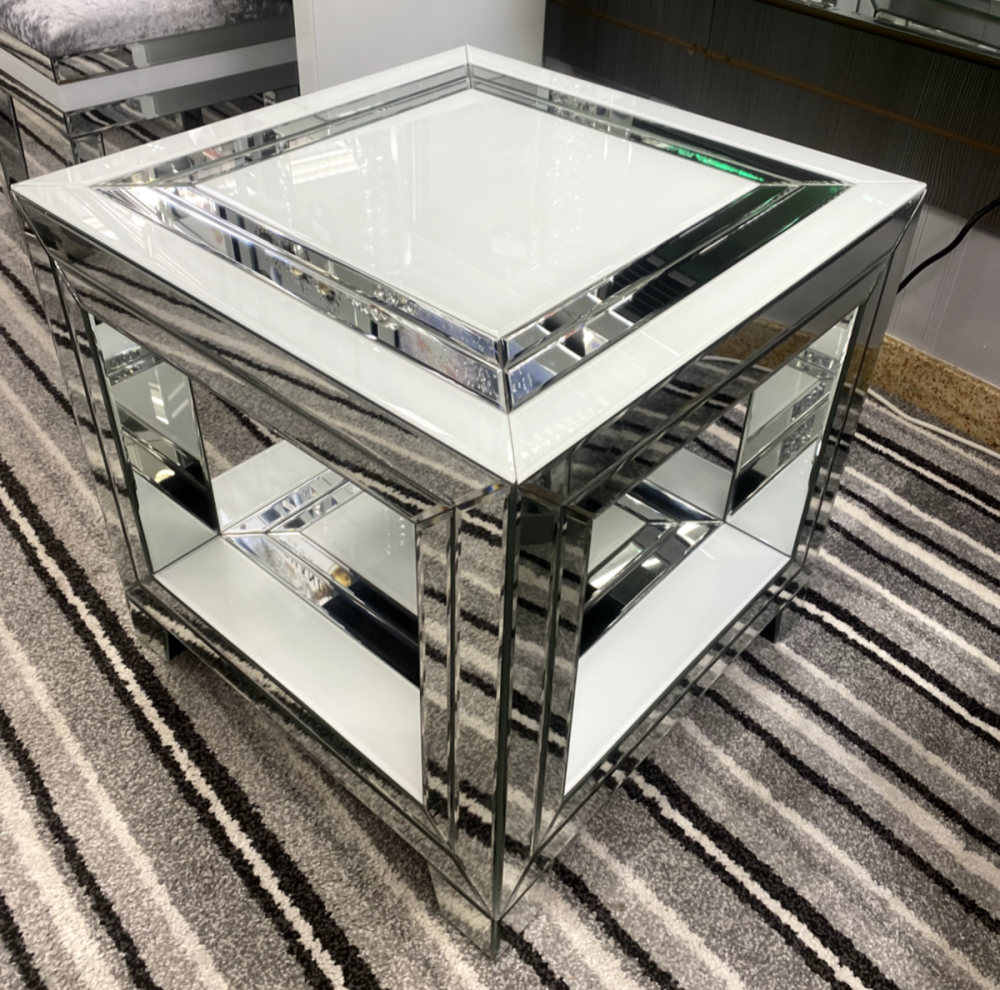 Bianco White & Mirrored Square Lamp Table - in stock