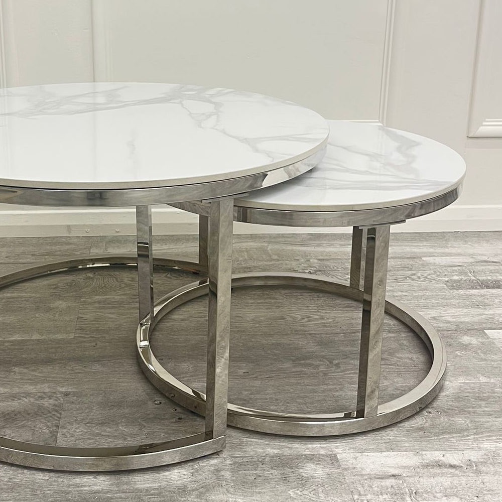 Cato Nest of 2 Short Round Coffee Silver Tables with Polar White Sintered Stone Tops