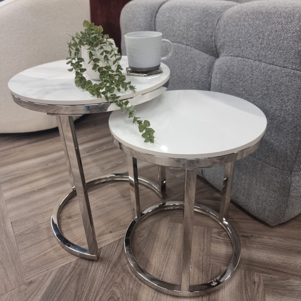 Cato Nest of 2 Tall Silver End Tables with Polar White Sintered Stone Tops