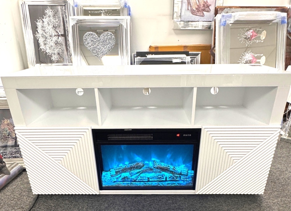 # White Glass TV Media Sideboard 140cm 2 Door with electric multi colour fire and mood lighting alcoves IN STOCK