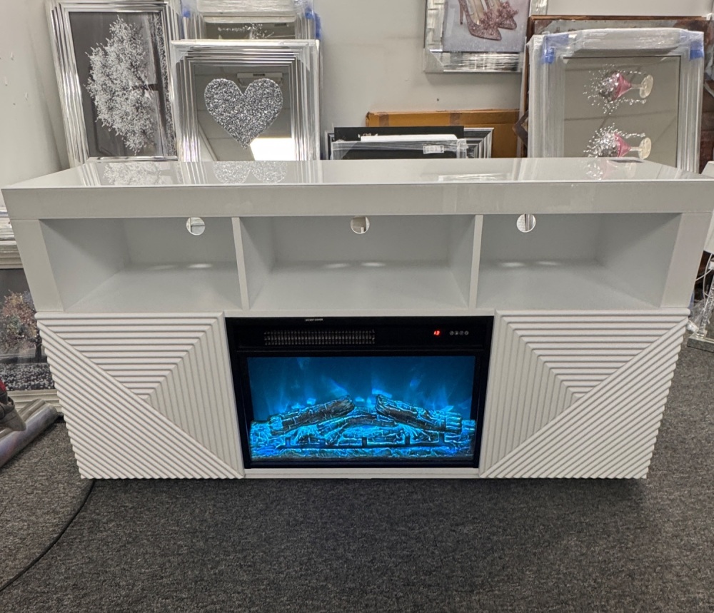 # White Glass TV Media Sideboard 140cm 2 Door with electric multi colour fire and mood lighting alcoves IN STOCK
