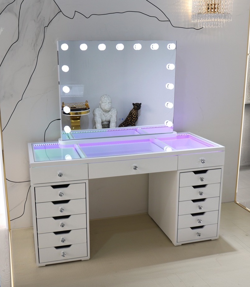 # * 13 Draw Vanity Desk with built in RGB multi colour Led lights & USB port  with Hollywood Mirror - in stock