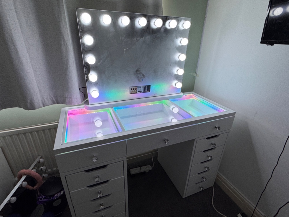 # * 13 Draw Vanity Desk with built in RGB multi colour Led lights & USB port  with Hollywood Mirror - in stock