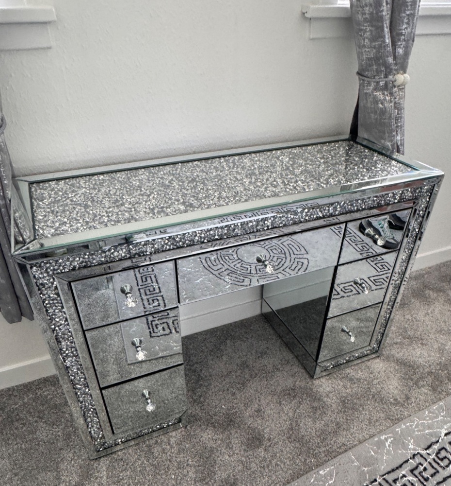 * Monica Diamond Crush Mirrored 7 Drawer Dressing Table with a DiamonD crush Top & Tri fold Mirror