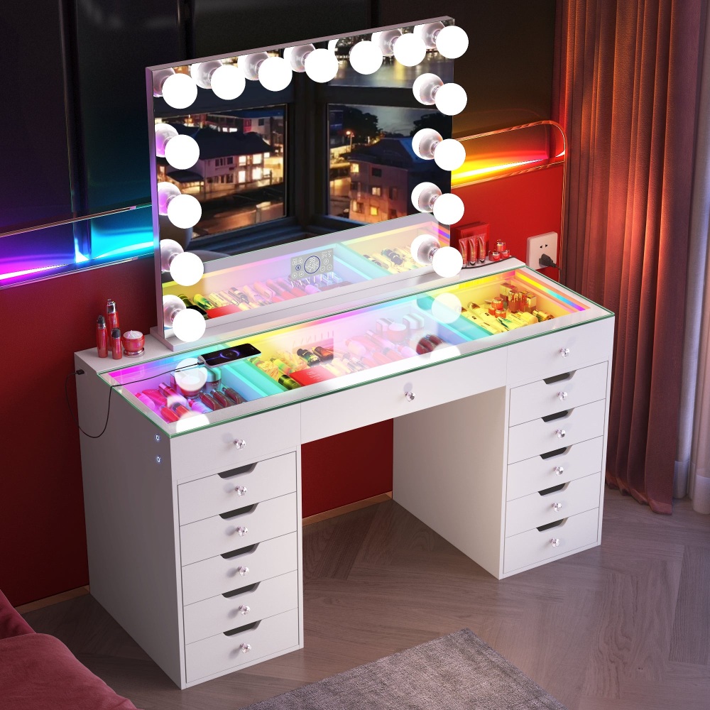 # * 13 Draw Vanity Desk with built in RGB multi colour Led lights & USB port  with Hollywood Mirror - in stock