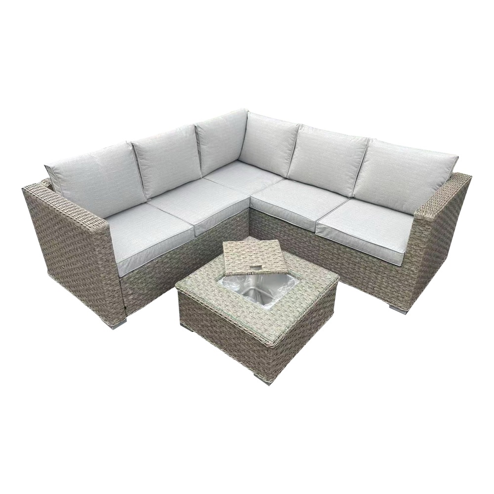 Beige Rattan Garden Corner Sofa set with Coffee Table Ice Bucket