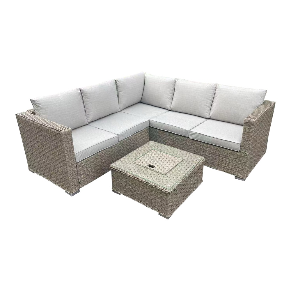 Beige Rattan Garden Corner Sofa set with Coffee Table Ice Bucket
