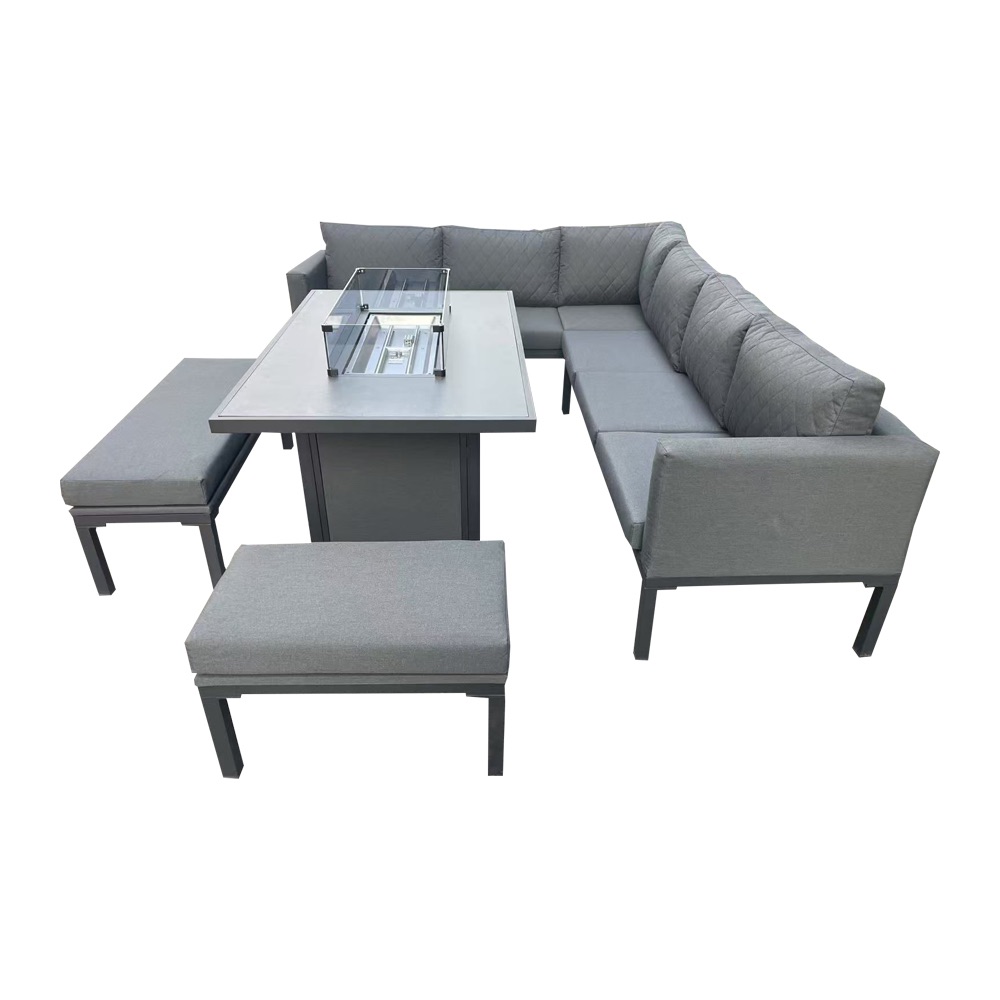 Grey Rattan Garden Corner Group with Benches & Fire Pit Table