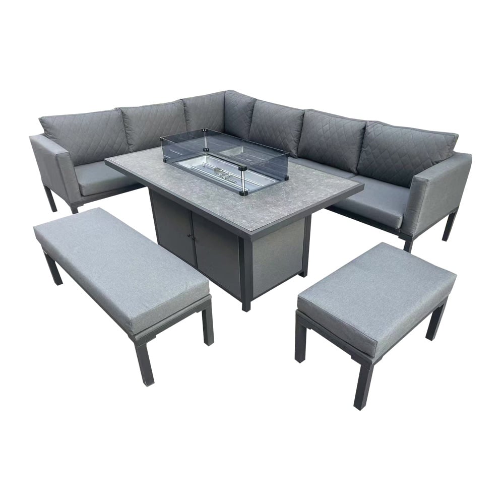 Grey Rattan Garden Corner Group with Benches & Fire Pit Table