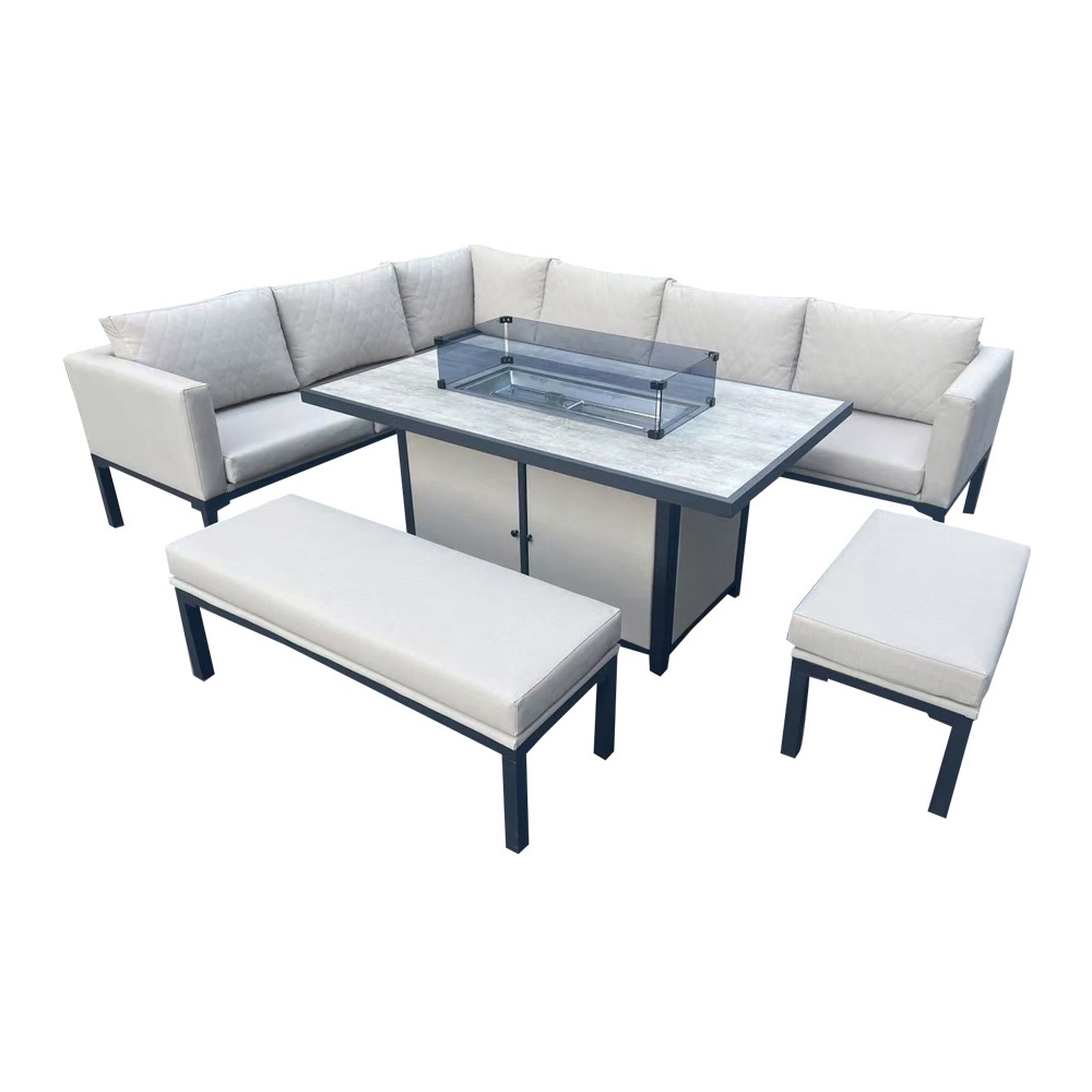 Beige Rattan Garden Corner Group with Benches & Fire Pit Table