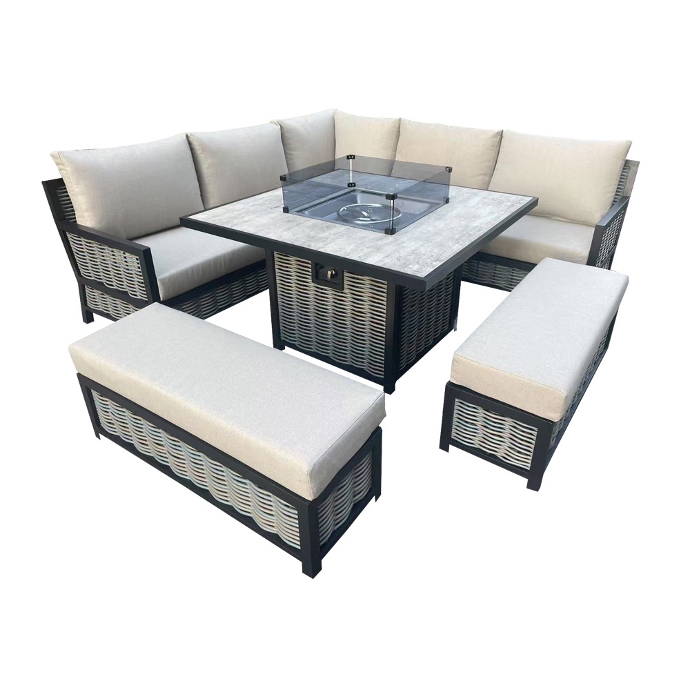 Beige Rattan Garden Corner Group with Benches & Square Fire Pit Table