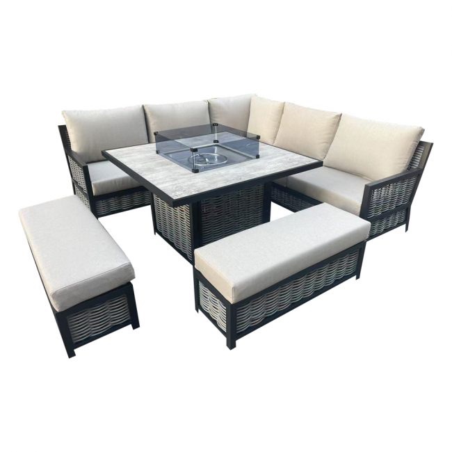 Beige Rattan Garden Corner Group with Benches & Square Fire Pit Table