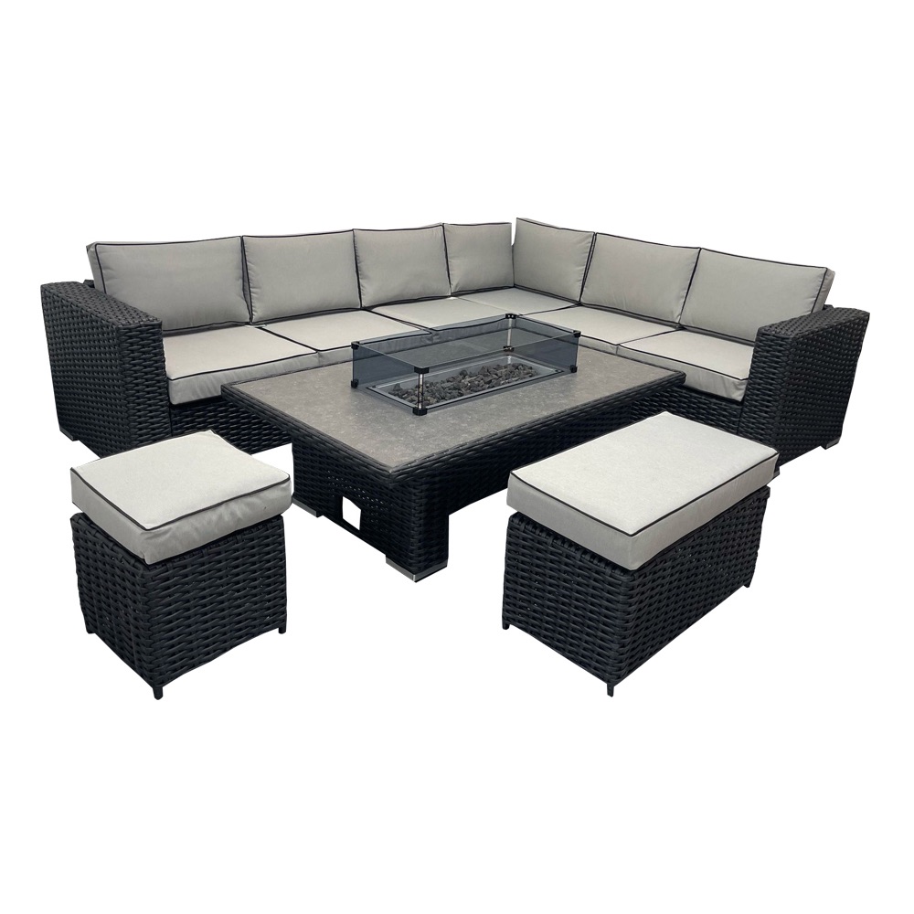 Black Rattan Garden Corner Group with Benches & Fire Pit Table