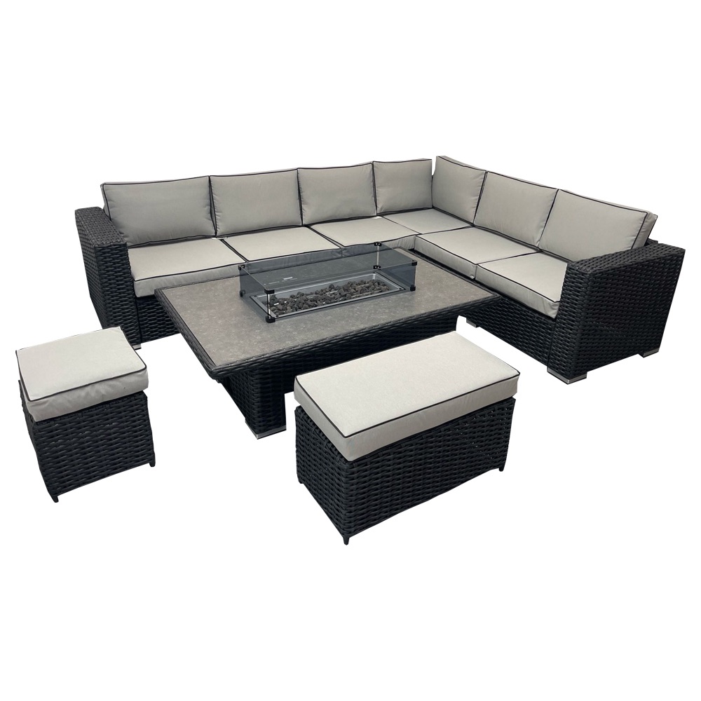 Black Rattan Garden Corner Group with Benches & Fire Pit Table