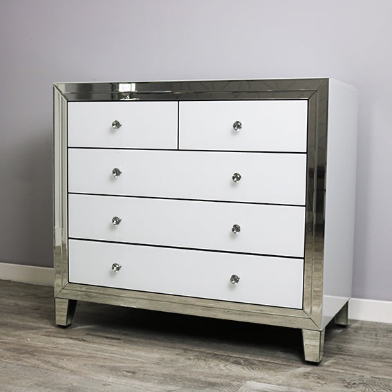 Bianco White & Mirrored 5 Draw Large Chest
