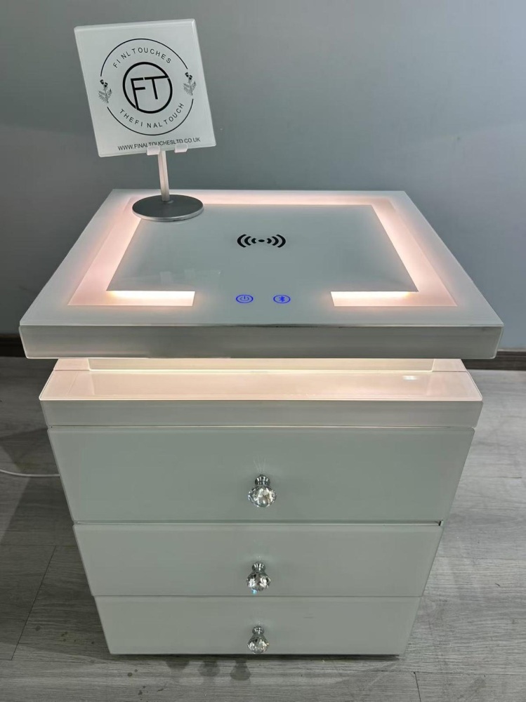 * White Mirrored White 3 Draw Bedside Chest with Wireless charging and led light