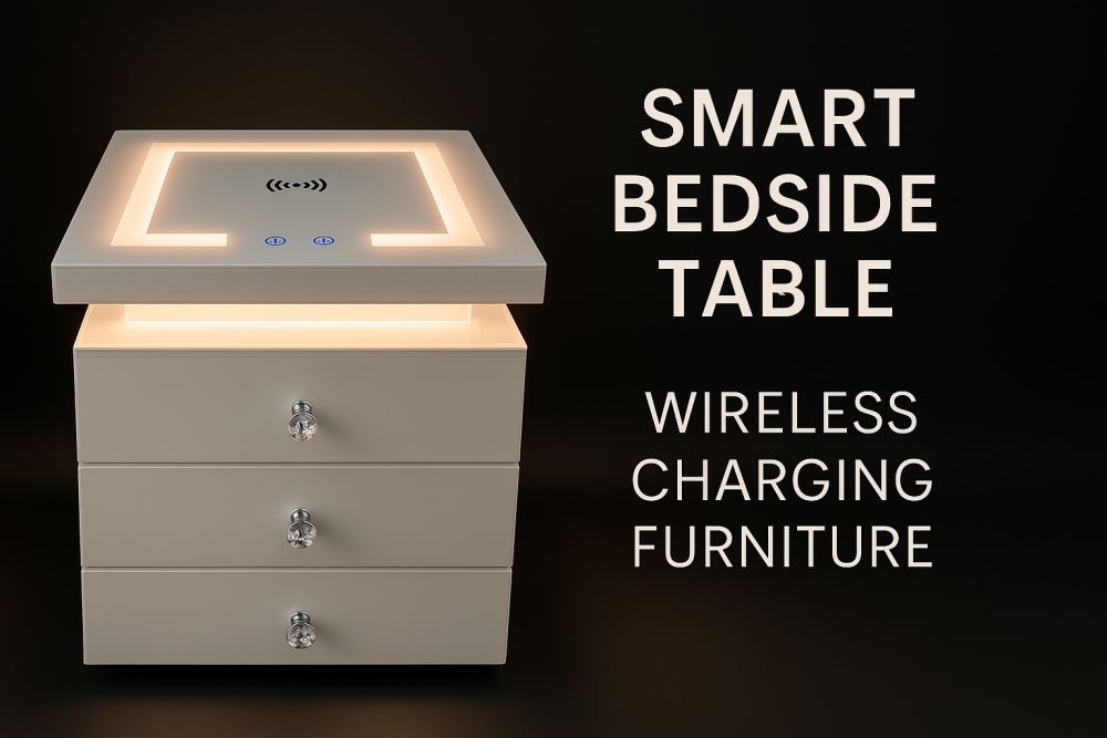 * White Mirrored White 3 Draw Bedside Chest with Wireless charging and led light