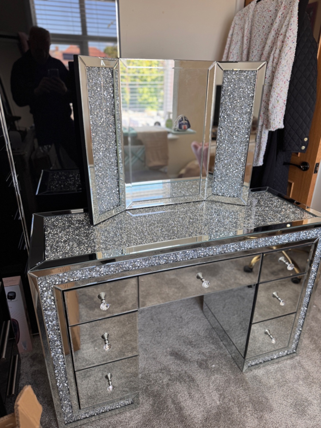 Monica Diamond Crush Mirrored Drawer Dressing Table with a