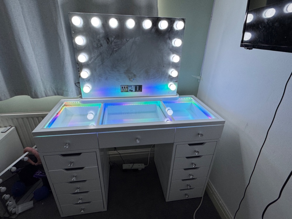 # * PRE ORDER SPECIAL OFFER PRICE * Toulouse White 120cm 13 Drawer Dressing Table with a clear glass top  led lights &  Hollywood Mirror with bluetoot
