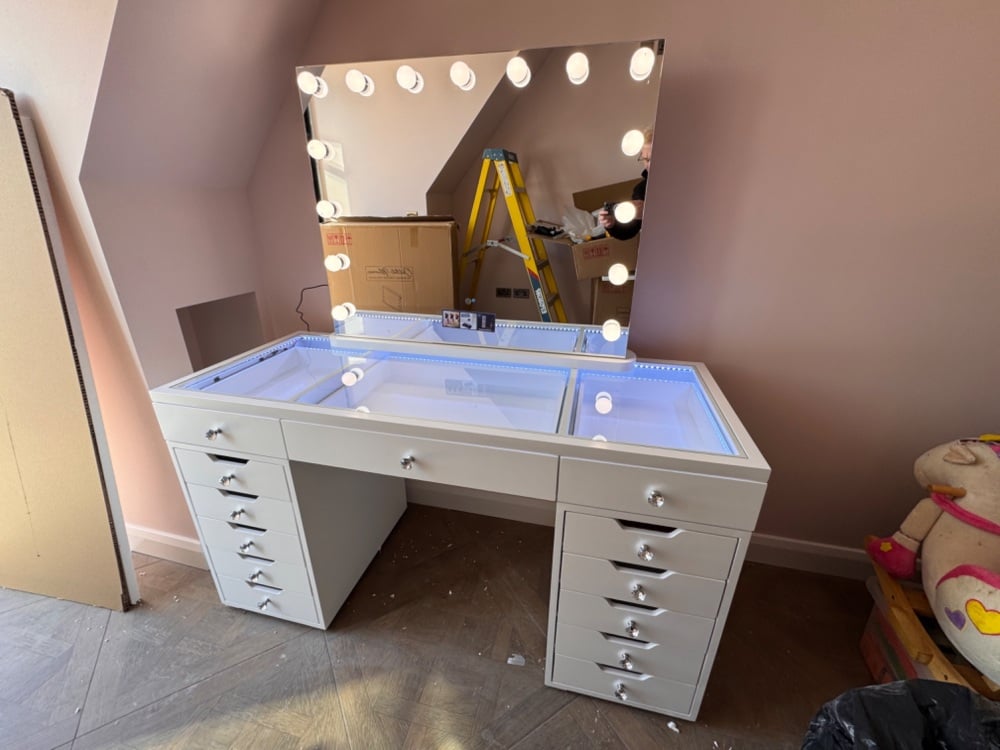 # * Toulouse White  150cm 13 Drawer Dressing Table with a clear glass top  led lights &  Hollywood Mirror with bluetooth In Stock