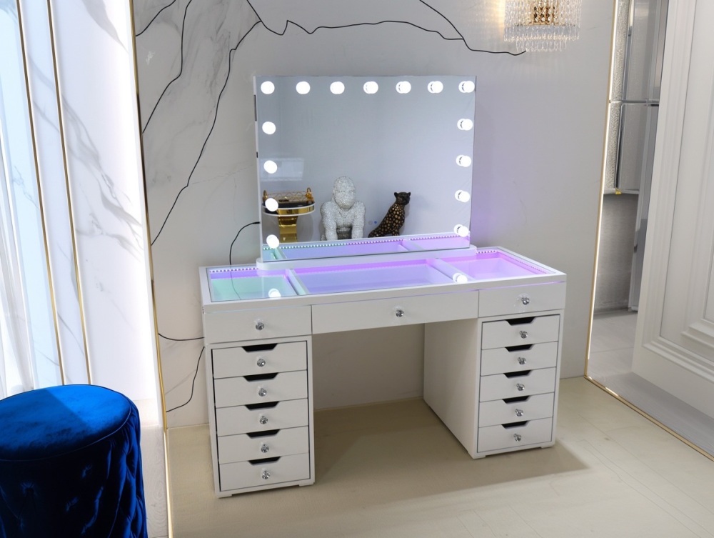 # * PRE ORDER SPECIAL OFFER PRICE * Toulouse White  120cm 13 Drawer Dressing Table with clear glass top  led lights &  Hollywood Mirror & 2 bedsides
