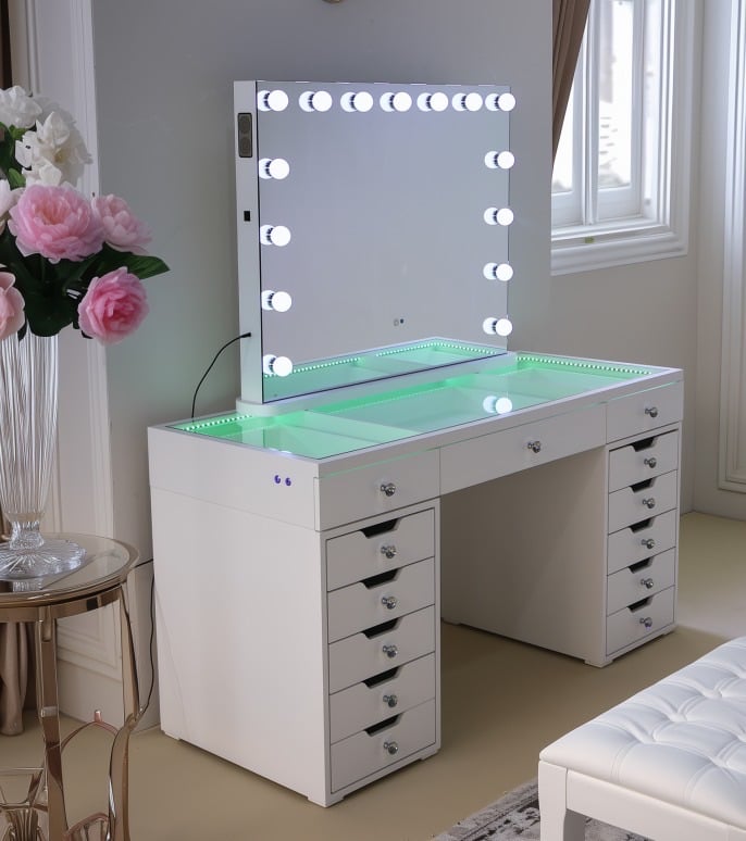 # * PRE ORDER SPECIAL OFFER Toulouse White 150cm 13 Drawer Dressing Table with a clear glass top  led lights &  Hollywood Mirror with bluetooth
