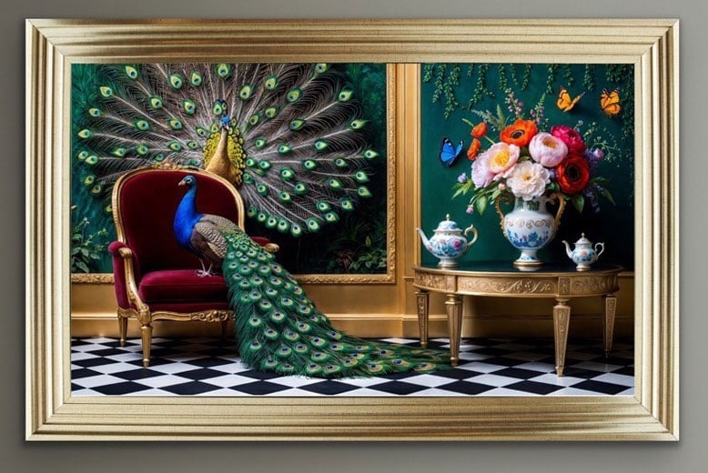 Majestic Peacocks Adorn Opulent Throne Framed Wall Art  115cm x 75cm