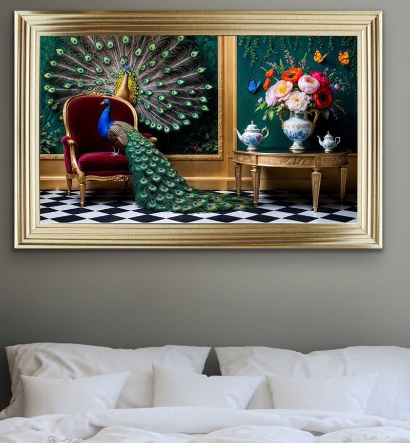 Majestic Peacocks Adorn Opulent Throne Framed Wall Art  115cm x 75cm