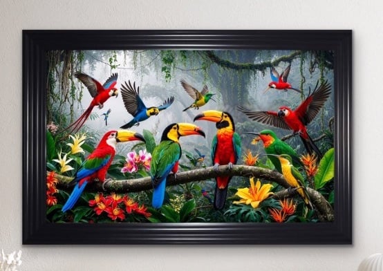 colourful Birds Amid Lush Rainforest. Framed Wall Art  115cm x 75cm
