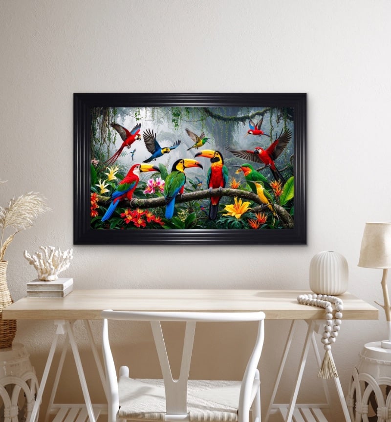 colourful Birds Amid Lush Rainforest. Framed Wall Art  115cm x 75cm