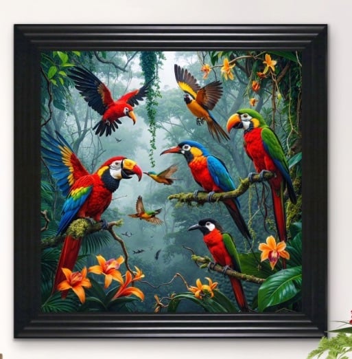 Colourful Birds Amid Jungle Rainforest Framed Wall Art  90cm x 90cm in a Black 4 step frame