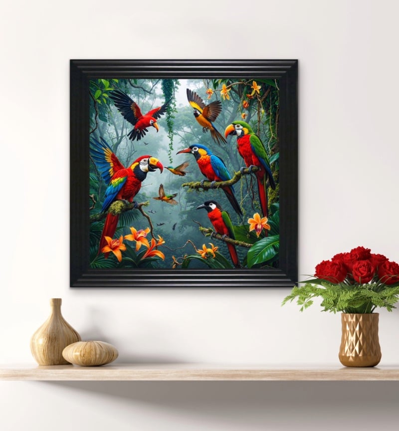 Colourful Birds Amid Jungle Rainforest Framed Wall Art  90cm x 90cm in a Black 4 step frame