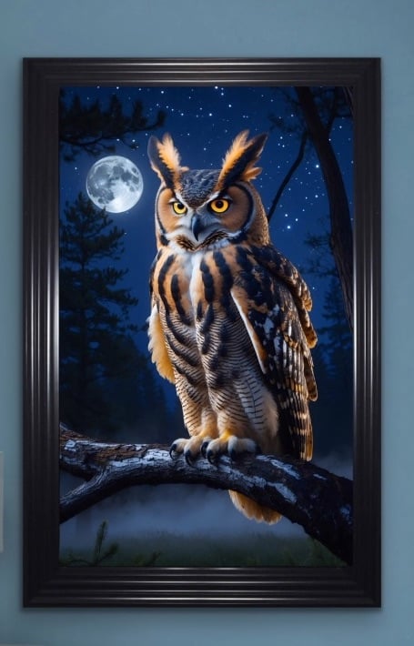 Silent Owl in Moonlit Forest.Framed Wall Art 115cm x 75cm
