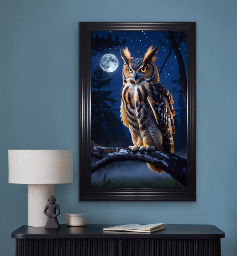 Silent Owl in Moonlit Forest.Framed Wall Art 115cm x 75cm
