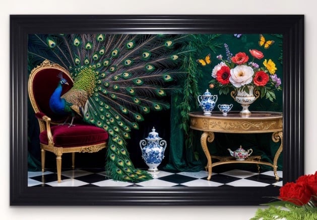 Majestic Peacocks Adorn Opulent Throne Framed Wall Art  115cm x 75cm Black frame