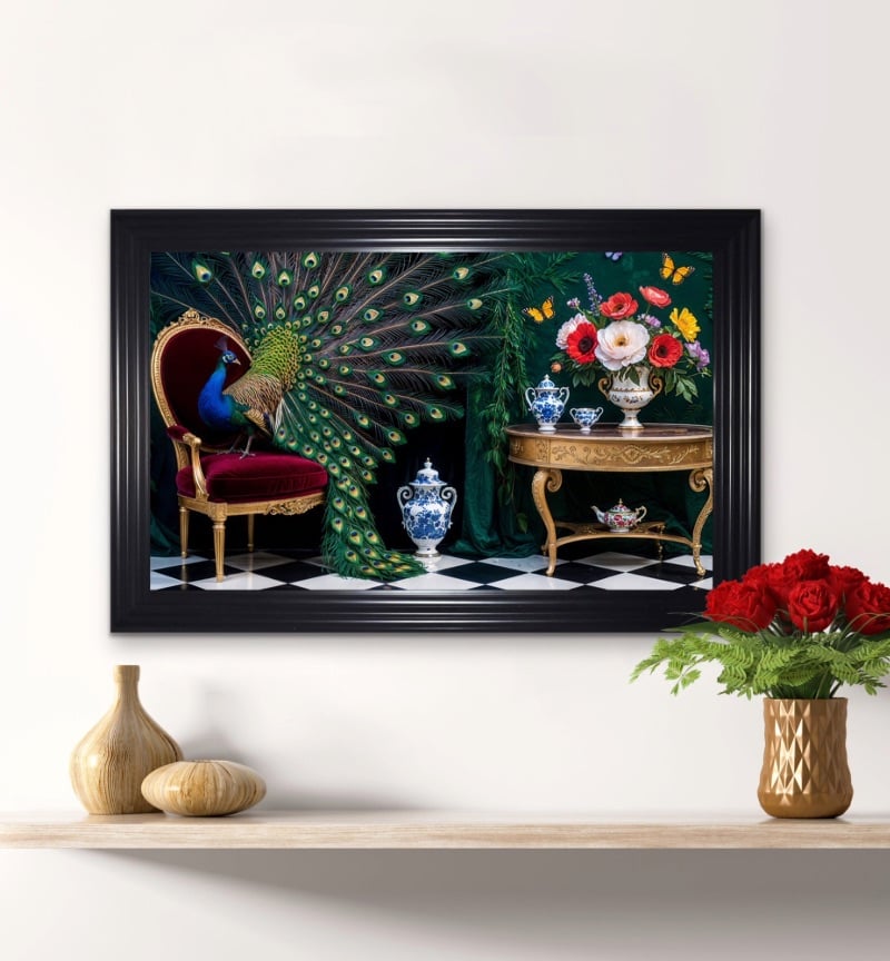 Majestic Peacocks Adorn Opulent Throne Framed Wall Art  115cm x 75cm Black frame