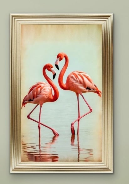 Flamingo Pair Reflected in Pastels Vintage Wall Art  115cm x 75cm