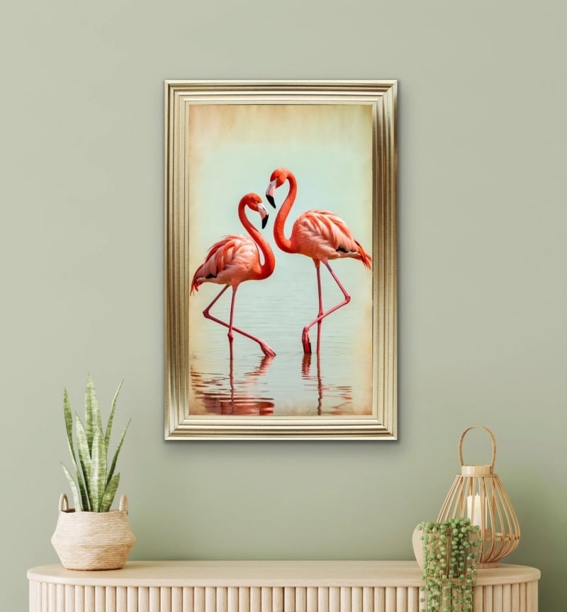 Flamingo Pair Reflected in Pastels Vintage Wall Art  115cm x 75cm