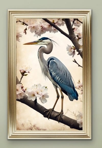 Blue Heron Amid Cherry Blossoms Wall Art  115cm x 75cm