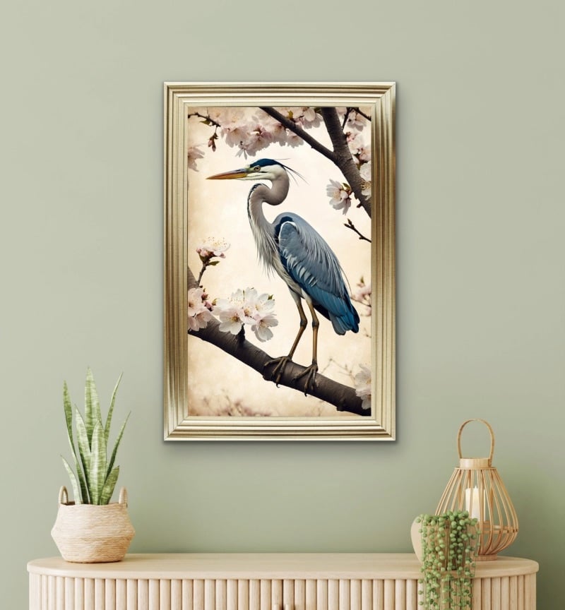 Blue Heron Amid Cherry Blossoms Wall Art  115cm x 75cm
