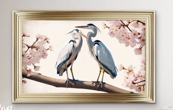 Heron Pair Amid Cherry Blossoms Wall Art  115cm x 75cm