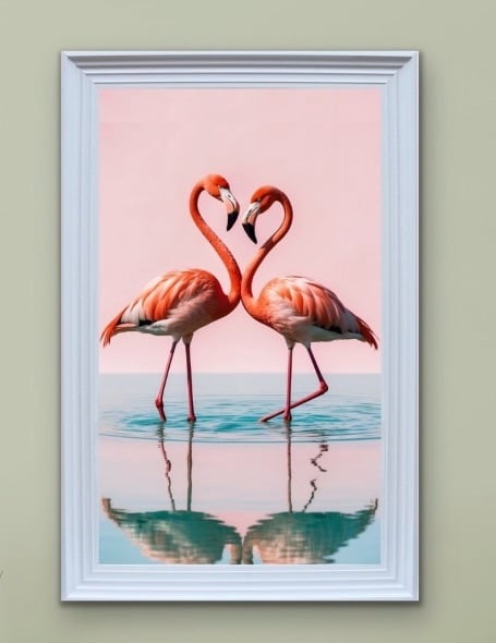 Flamingo Pair Reflected in Pastels Vintage Wall Art  115cm x 75cm white frame